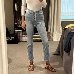 MOTHER Cropped Skinny Stretched Jeans with Light Blue Tie String